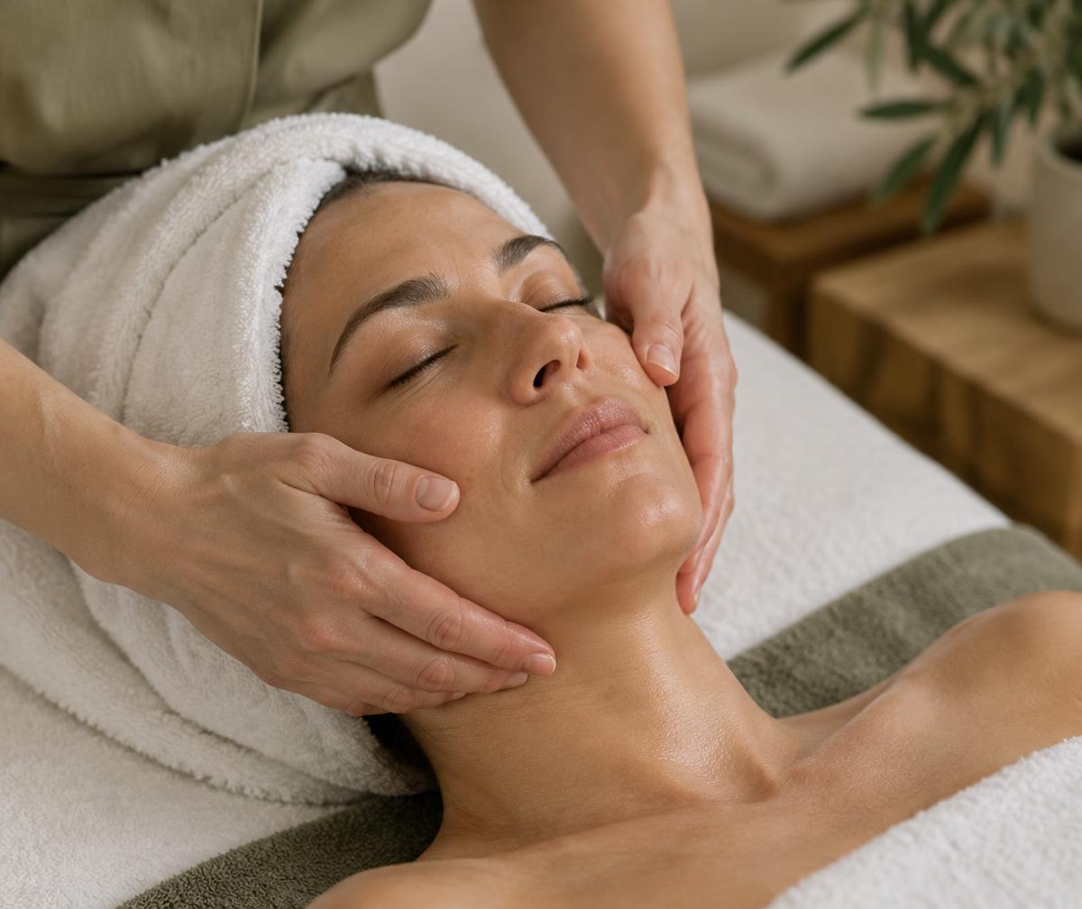 Ontspannende gezichtsmassage tijdens een facial